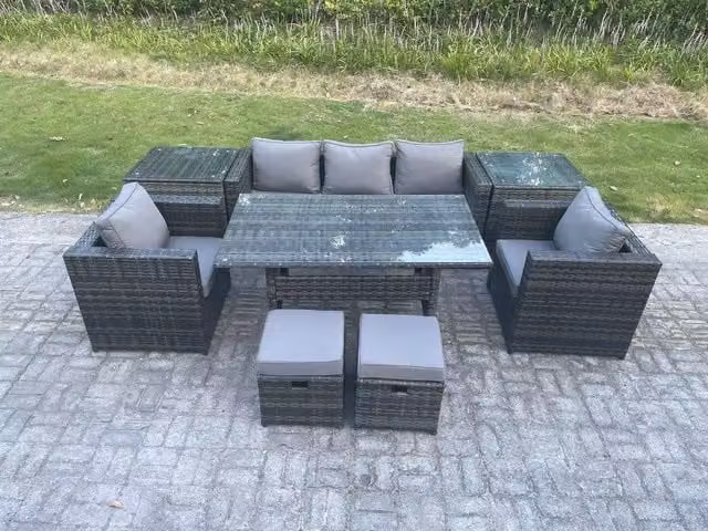 Fimous Rattan Garden Furniture Set in Dark Grey with Rectangular Glass Dining Table, 2 Chairs and 2 Stools