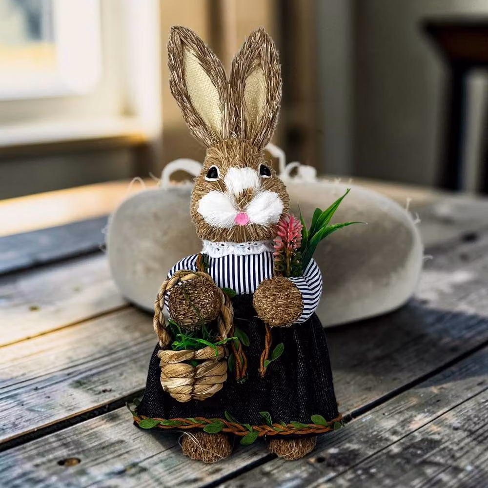 Four Candle Brown Rabbit Figurine with Floral Basket for Easter and Spring Decor – 2