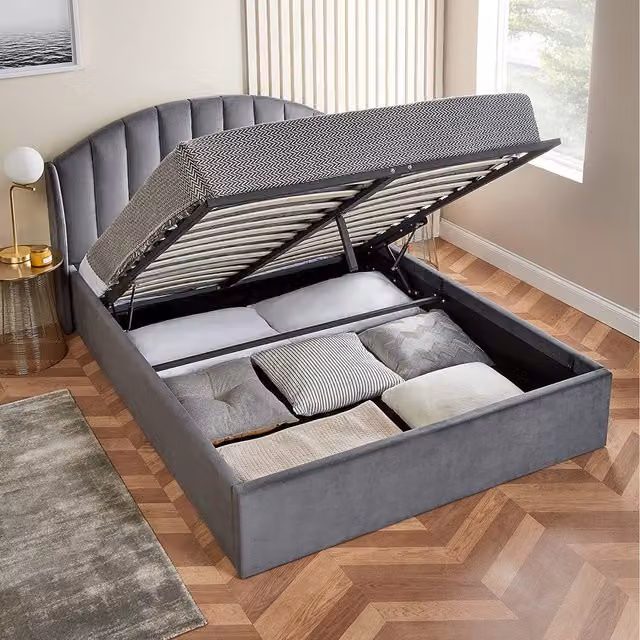 Home Treats Modern Grey Velvet Winged Storage Ottoman Bed with Lift Up Base, 120 x 200 cm