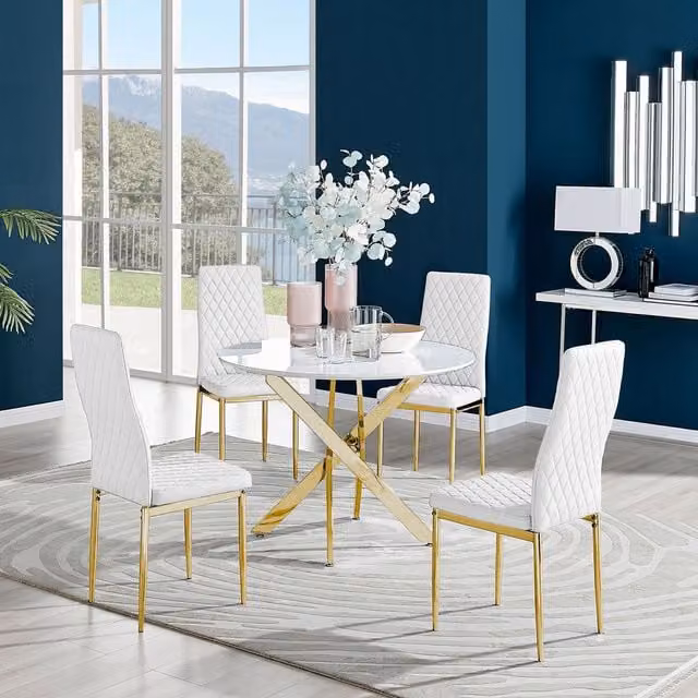 FurnitureboxUK Novara Round White Gloss Dining Table with 4 Milan Gold Leg Chairs