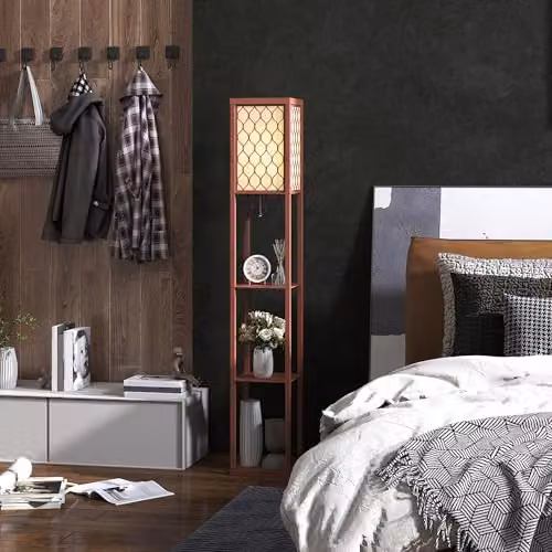 HOMCOM Modern Floor Lamp with 3 Shelves and Fabric Lampshade in Brown, Height: 160 cm – 6