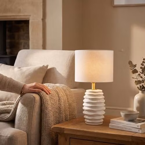 Happy Homewares Modern White Gloss Ceramic Table Lamp Base with Gold Details, H 24 cm x W 11 cm x D 11 cm – 2