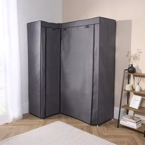 OHS Grey Fabric Corner Wardrobe with Internal Shelves and Hanging Rod