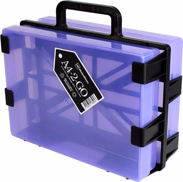 WestonBoxes A4-2-GO Portable Document Storage Box Carrier with 2 Purple Plastic Storage Boxes