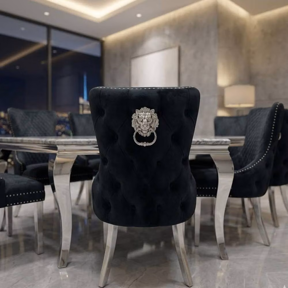 Home Luxe Interior Sofia Grey Marble Dining Table and 4 Victoria Black Lion Silver Chairs – 7