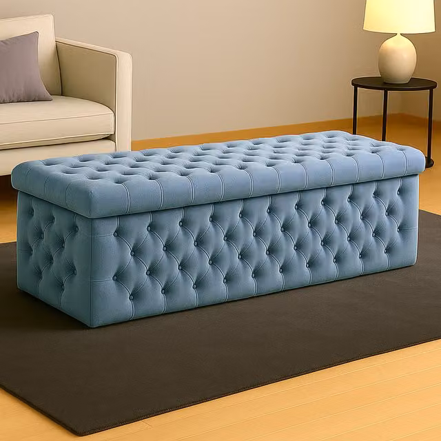 R&M Furnishers Wide Lux Chesterfield Ottoman Storage Box in Emerald Green Velvet