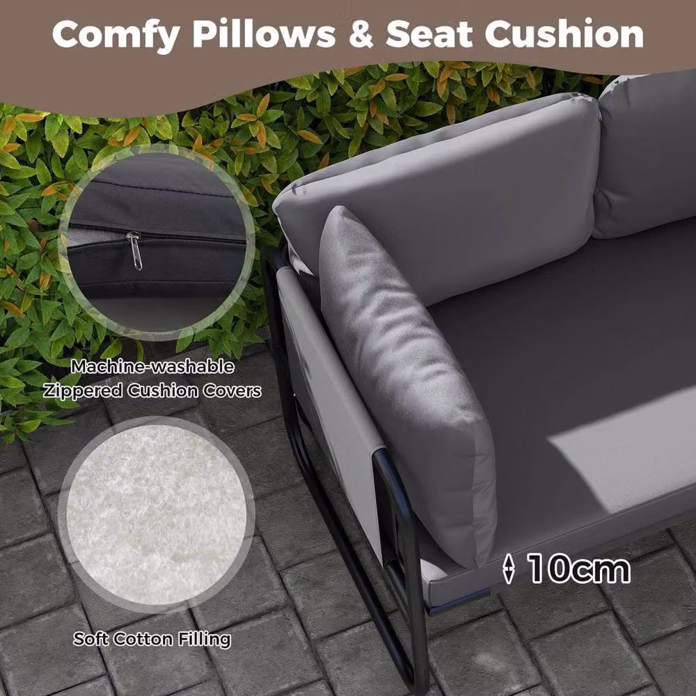 SPETLEK Grey Upholstered Patio Loveseat with Removable Fabric Cushions and Metal Frame – 5
