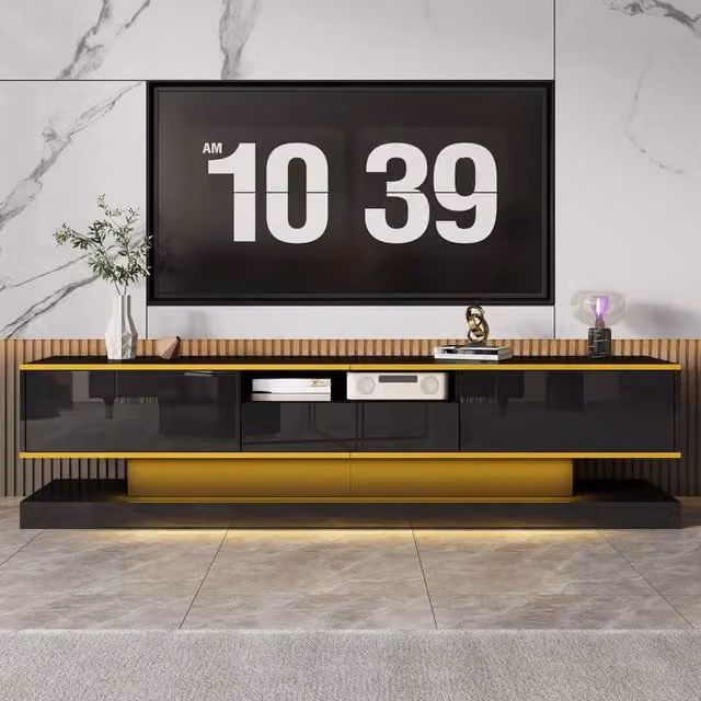 Matteo Modern High Gloss TV Cabinet with Integrated LED Lighting in Black and Gold, W: 180.0 cm, D: 45.0 cm, H: 38.0 cm – 1