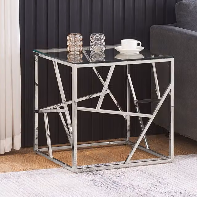 Comfy Living Square Geometric Glass and Metal End Table in Silver