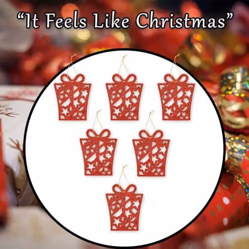 VFM e-Store Red Glitter Hanging Present Christmas Tree Ornaments, Pack of 6, W/D/H: 17.4 x 8 x 1.3 cm – 6