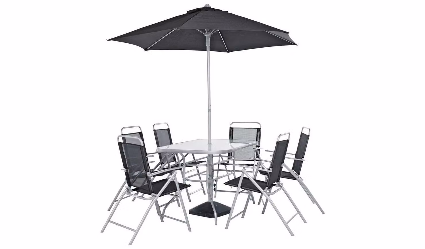 Pacific 6 Seater Folding Metal Patio Set in Black with Glass Top Dining Furniture