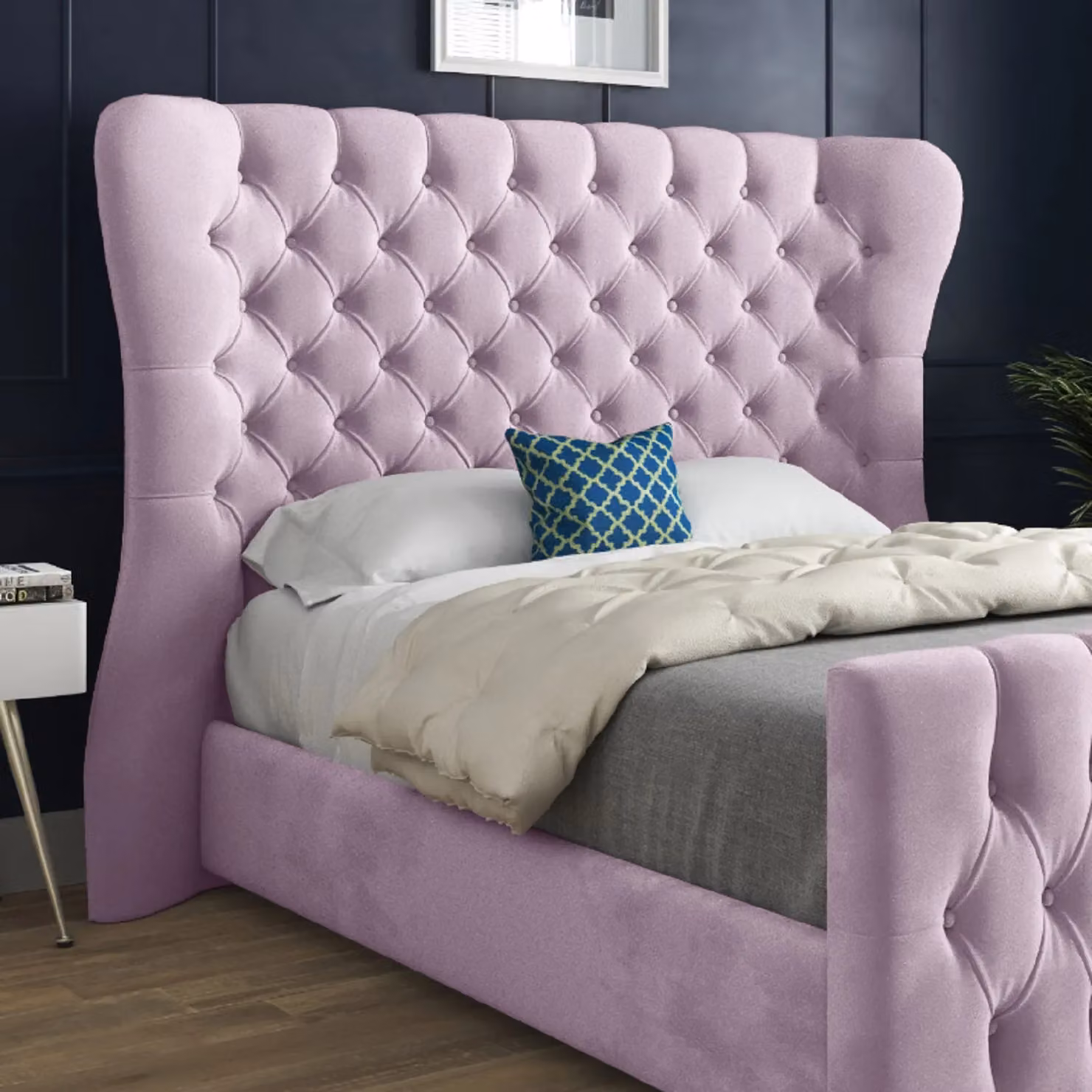Casani Chesterfield Upholstered Velvet Bed Frame in Pink, W/D/H: 144 x 137 x 140 cm – 3