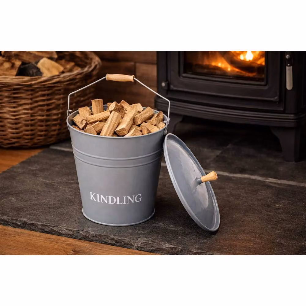 FLAVORA Grey Metal Kindling Bucket with Lid, 15 l, Diameter: 30 cm, Height: 50 cm – 2