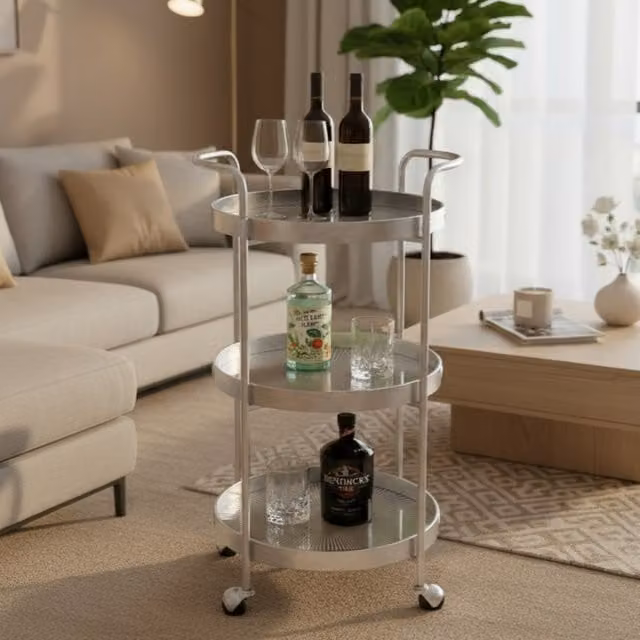 Maison Des Cadeaux Art Deco 3 Tier Silver Metal and Glass Drinks Trolley with Castors
