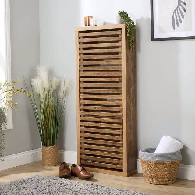 Home Source Luna 3 Door Tall Hallway Shoe Storage Cabinet in Brown Mango Wood Effect
