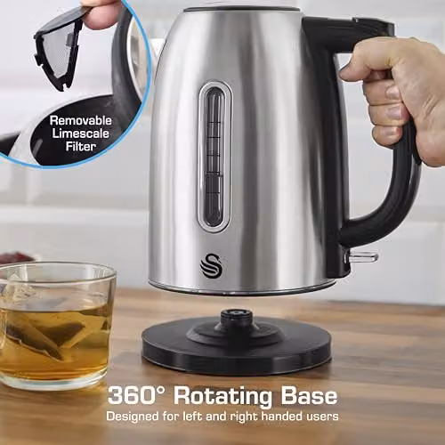 Swan Quiet Boil Stainless Steel Cordless Kettle in Silver with Removable Limescale Filter and 3kW Fast Boil – 4