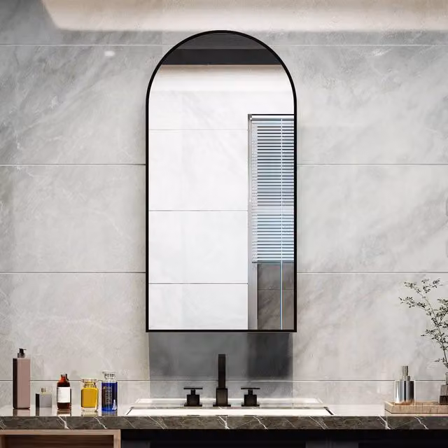 KEEPREAPER Black Arched Bathroom Mirror Cabinet with Metal Frame, W/H: 40 x 80 cm – 1