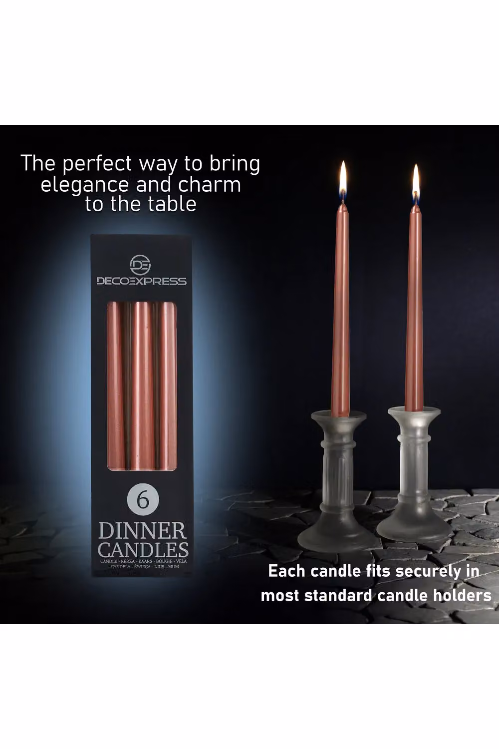 Deco Express Set of 6 Classic Dripless Tapered Metallic Copper Candles – 8