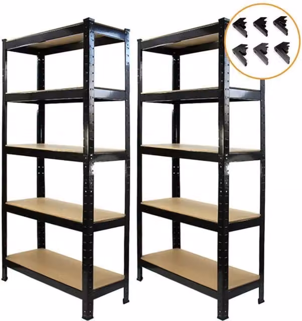 Monstershop 2 x T-RAX Black Metal and MDF Racking Units with Adjustable Shelves, W/D/H: 75 x 30 x 150 cm