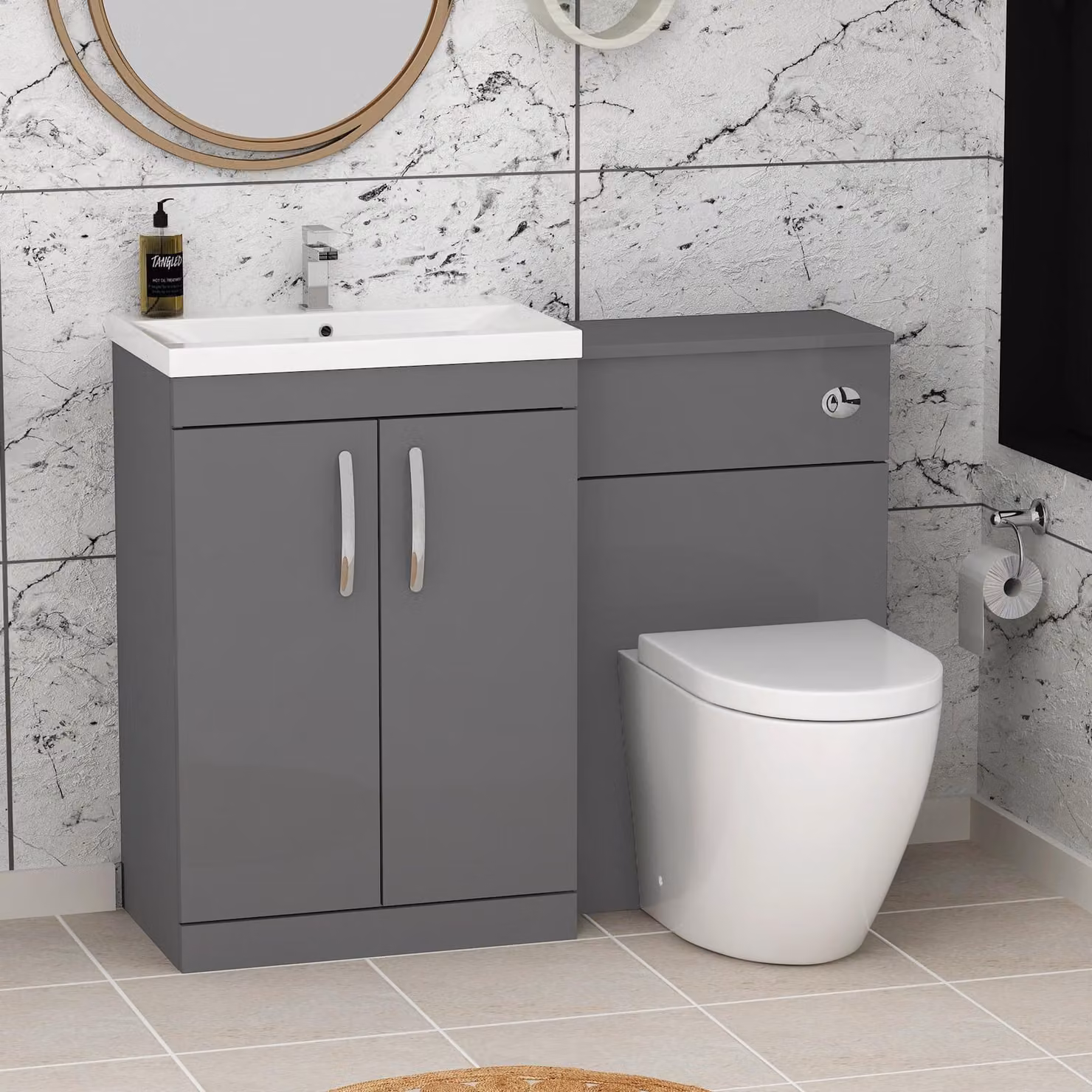 Royal Bathrooms Indigo Grey Gloss 2 Door Bathroom Furniture Pack with Mid Edge Sink and Elva Back to Wall Toilet Pan, W: 110 cm