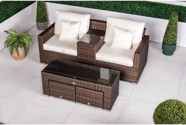 Giardino Havana Modular Garden Furniture Set in Brown with 2-Seater Sofa, Coffee Table and Ottoman