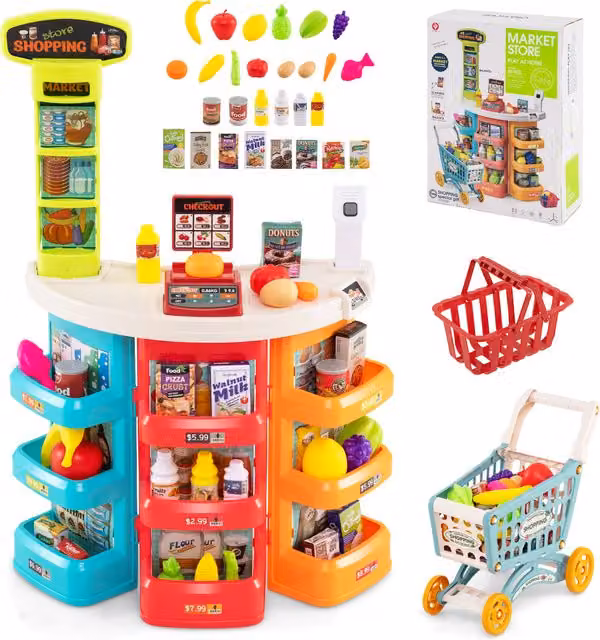 Costway Figure Play World Supermarket Playset for Kids in Pink and Multicolour