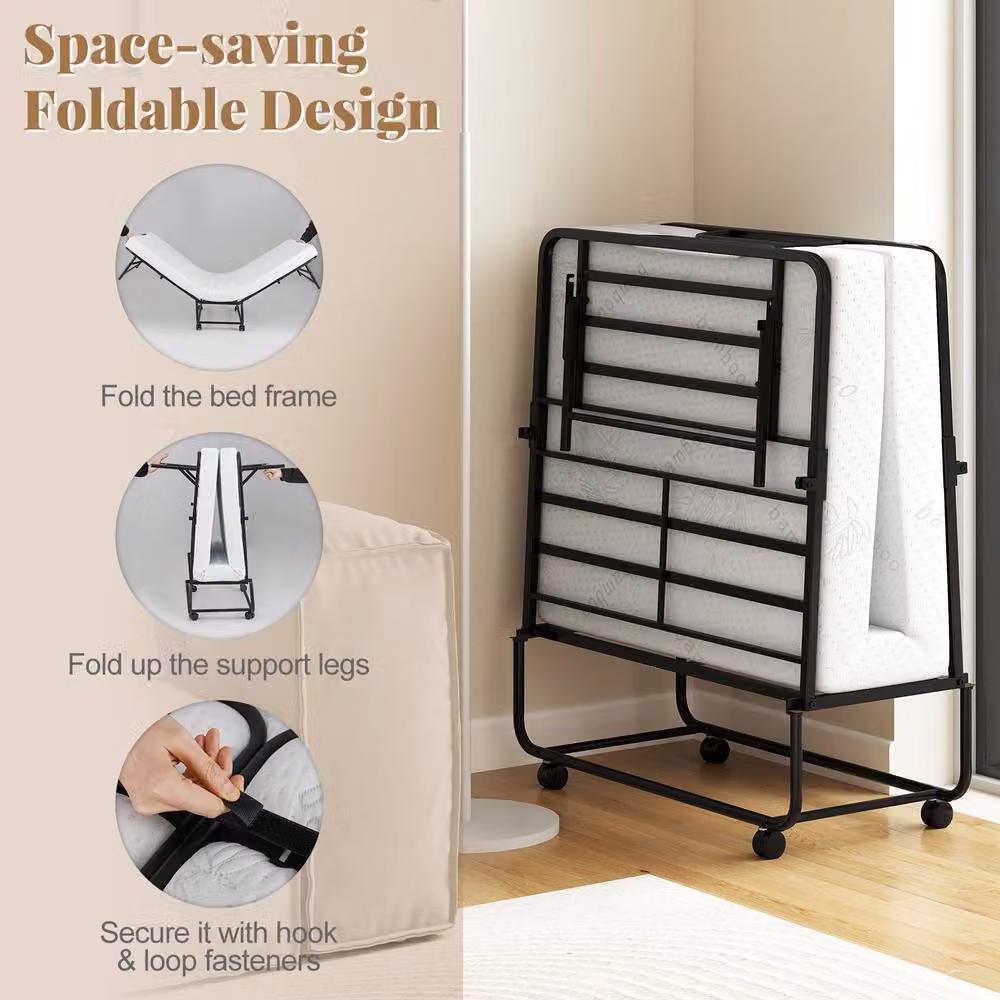 Costway Multicolour Folding Rollaway Guest Bed with Memory Foam Mattress and Wheels, W/D/H: 90 x 190 cm – 3