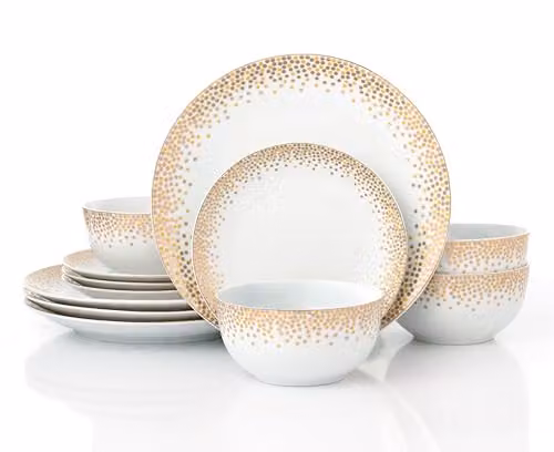 Waterside 12-Piece Gold Sparkle Porcelain Dinner Set in White and Gold