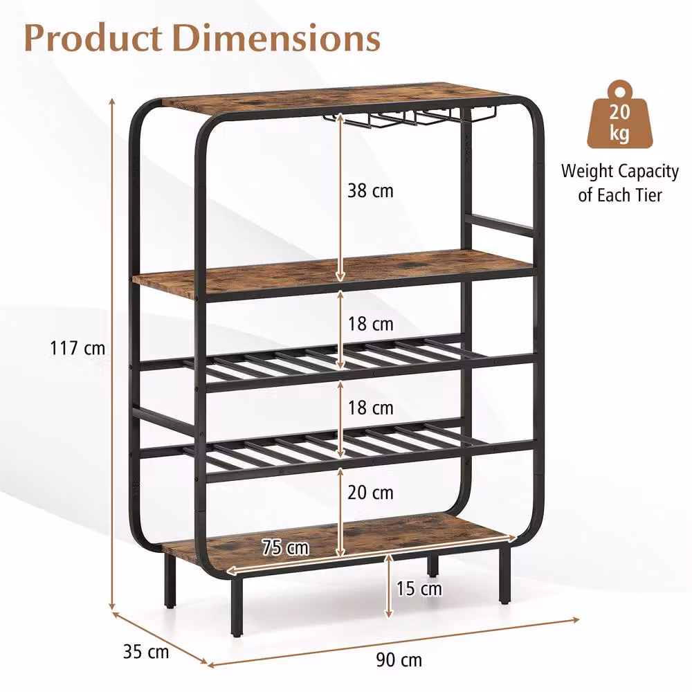 Gymax 5-Tier Metal Wine Rack in Brown with 16 Bottle Capacity and Glass Holders – 2