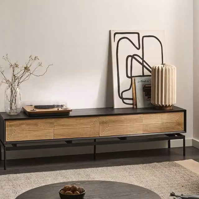 Wyld and Coco Industrial TV Stand in Light Brown Wood with Black Metal Legs, featuring 2 Doors and 4 Drawers – 1