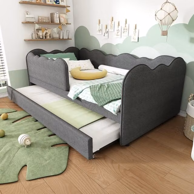 Aosom UK Grey Upholstered Daybed with Pull-Out Trundle and Removable Front Rail, W: 99 cm, D: 197 cm, H: 70 cm