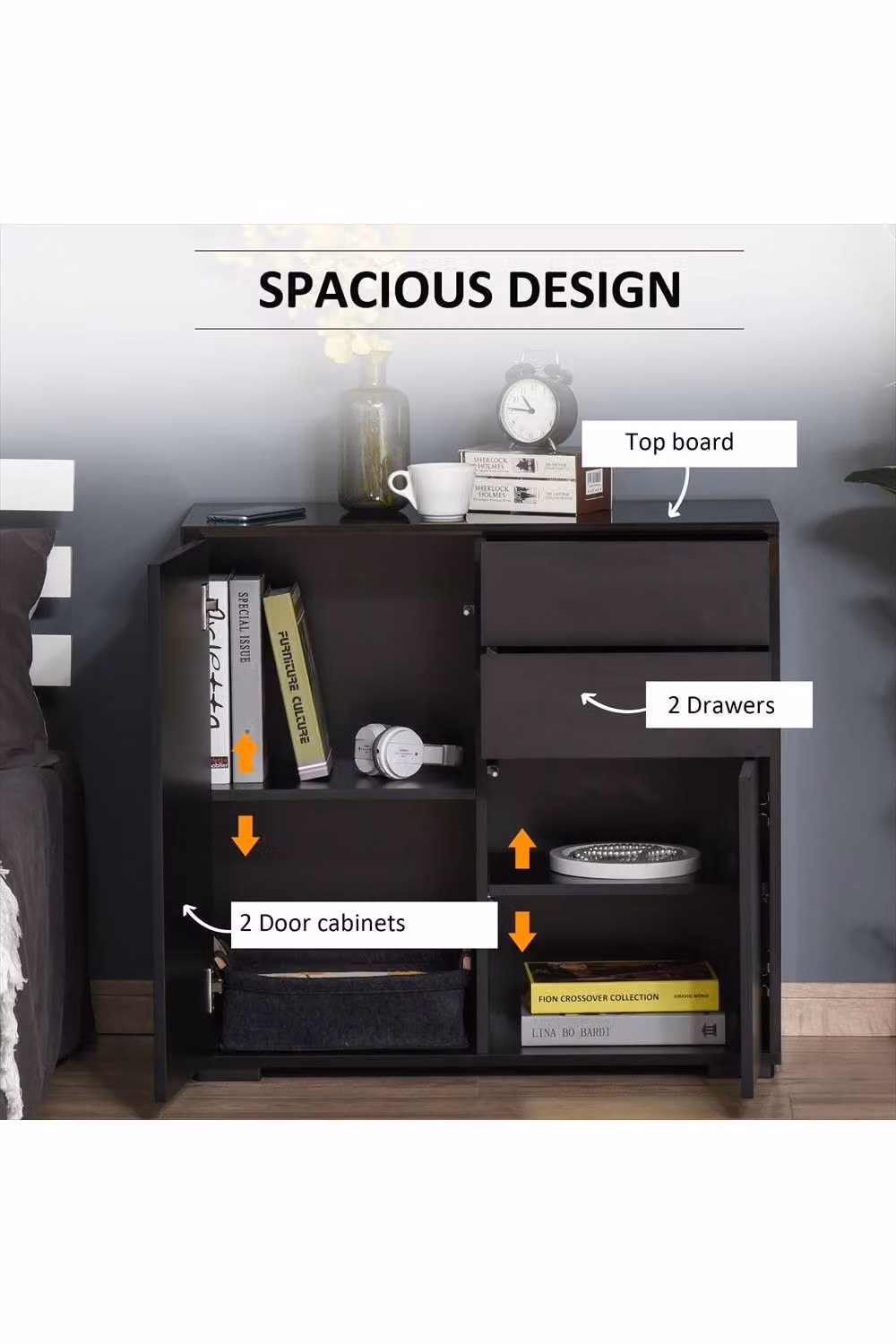 ERGOVEXA High Gloss Modern Sideboard in Black with 2 Drawers and Push-Open Design – 3
