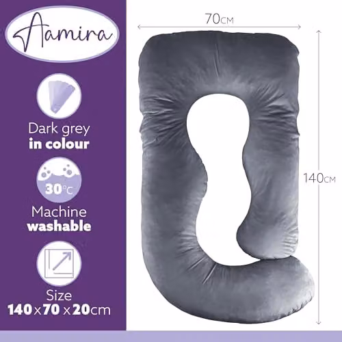 Aamira J Shaped Memory Foam Pregnancy Maternity Pillow with Velvet Cover, Grey, W/D/H: 140 x 70 x 20 cm – 3