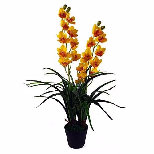 Leaf Extra Large Yellow Artificial Cymbidium Orchid Plant in a Black Plastic Pot, Height: 90 cm