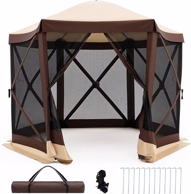 Costway Foldable 6-Sided Garden Gazebo with Net Sides and Zipped Door in Brown, W/D/H: 300 x 300 x 230 cm