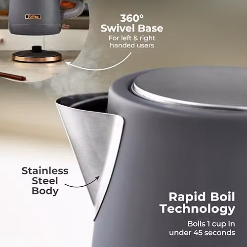 Tower Cavaletto 1.7L Jug Kettle in Grey and Rose Gold with 3kW Rapid Boil and Limescale Filter – 7