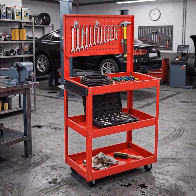 NESTLUNE 3 Tier Heavy Duty Rollable Tool Storage Trolley Cart in Red
