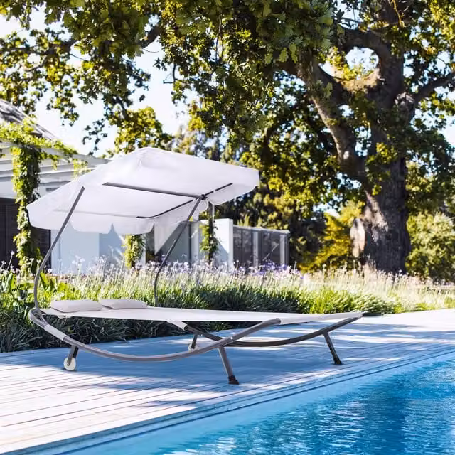 Outsunny Double Hammock Sun Lounger with Sun Canopy and Castors in White