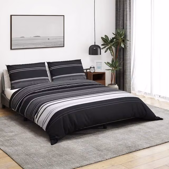 Berkfield Home Striped Cotton Duvet Cover and Pillowcase Set in Black and White, 200 x 200 cm