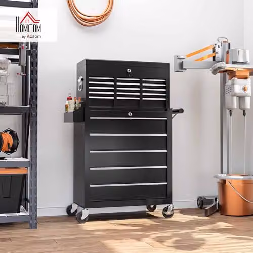 HOMCOM 2 in 1 Rolling Tool Cabinet with 14 Drawers and Pegboard, Black Steel – 2