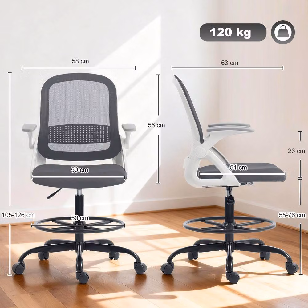 HOMCOM Grey Mesh Drafting Chair with Flip-up Armrests and Castors – 3