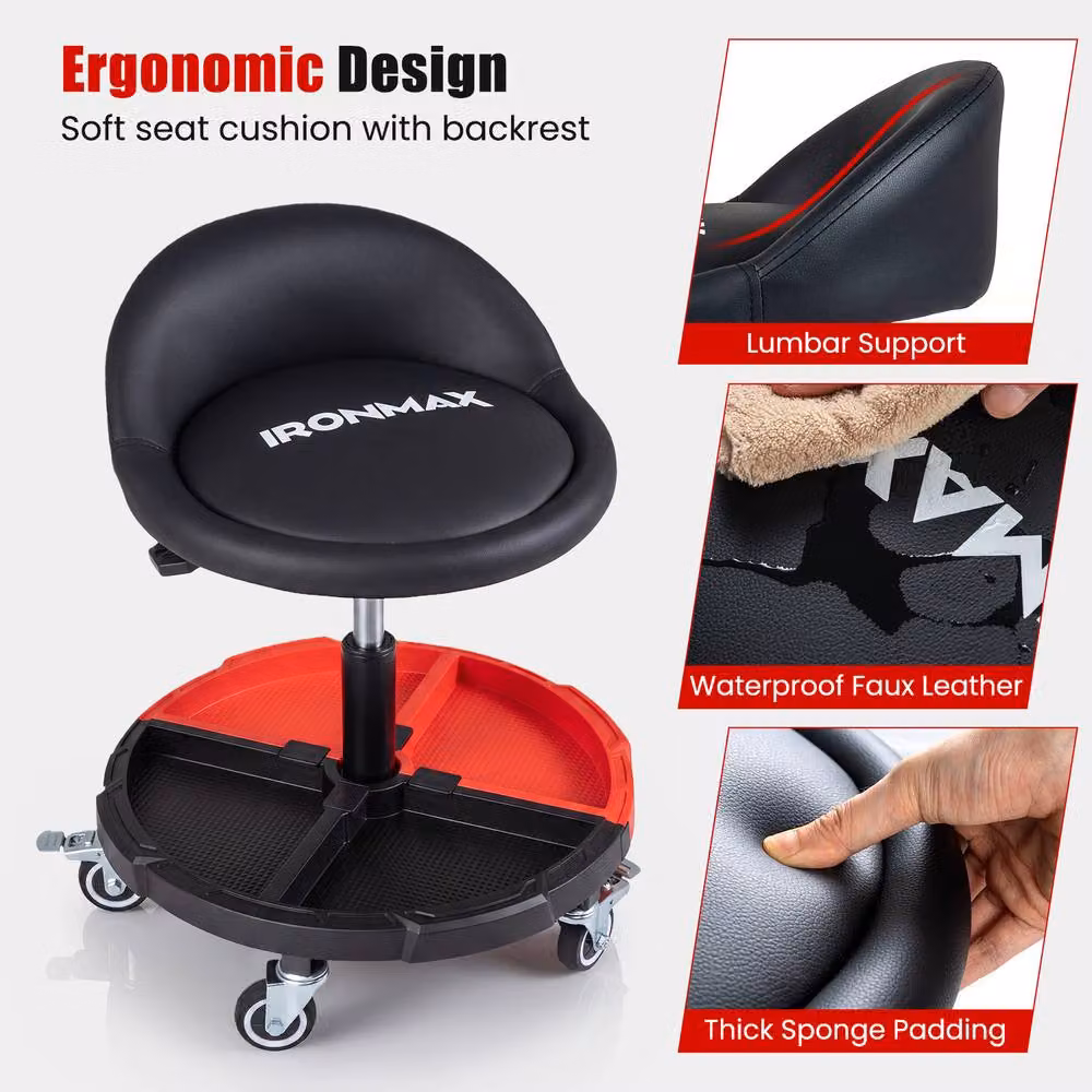 Gymax 360 Degree Rolling Mechanic Stool with Tool Storage Tray in Red – 6