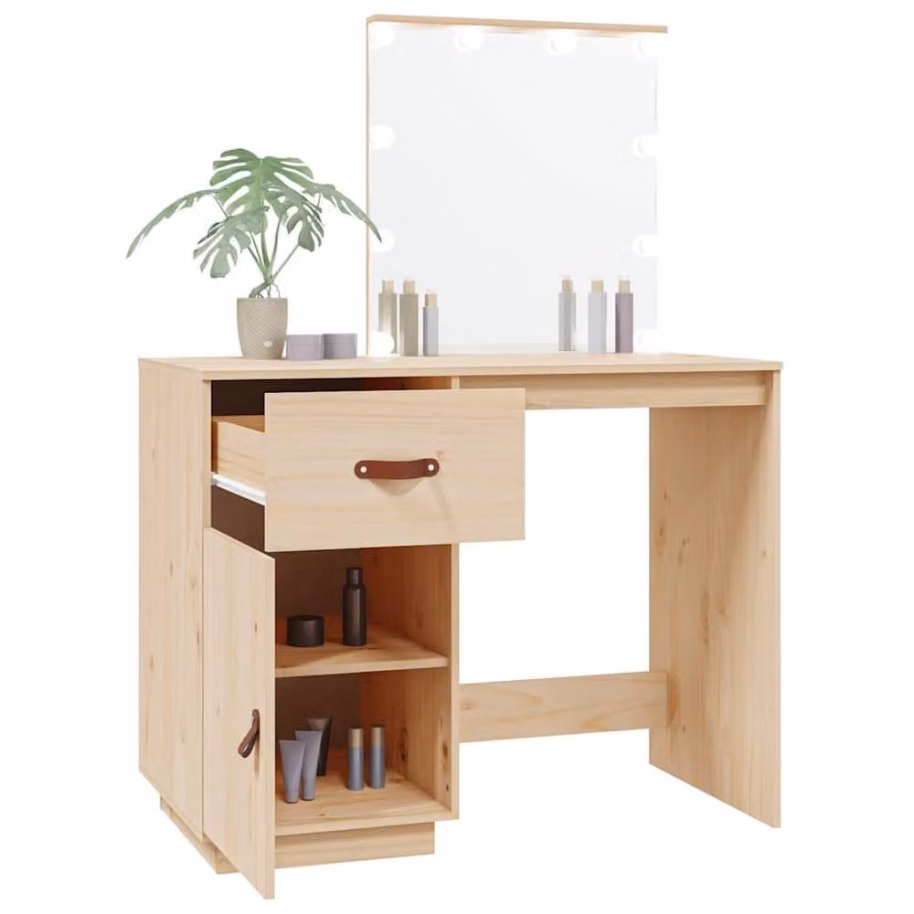 Berkfield Home Beautiful Dressing Table with Hollywood LED, Natural Solid Pine Wood, W/D/H: 95 x 50 x 133.5 cm – 2