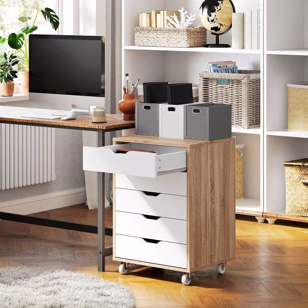 STILVORA Five-Drawer Filing Cabinet with Castors in Light Oak – 3