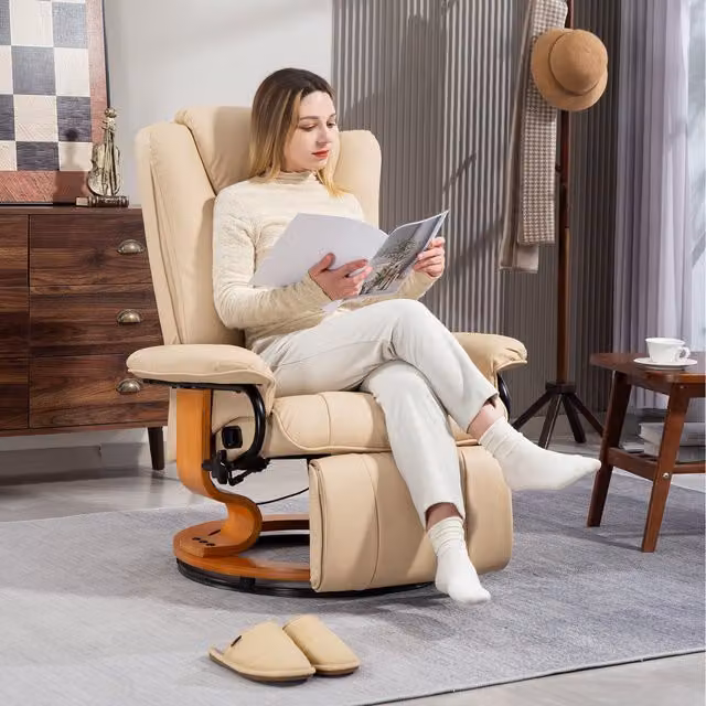 HOMCOM Manual Recliner Chair with Footrest, Adjustable Backrest and Swivel Function, Beige Synthetic Leather