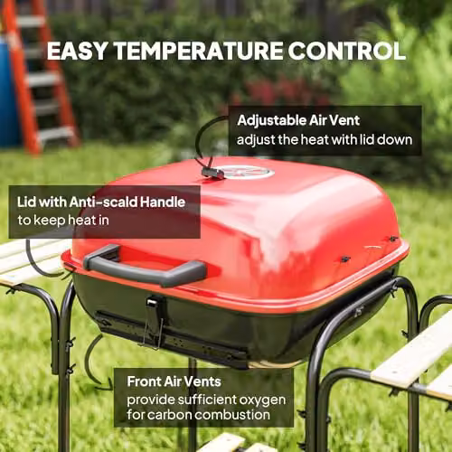 Outsunny Red Charcoal Barbecue Grill with Warming Rack and Wheels – 3