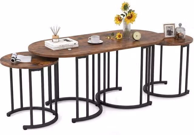 Costway 3-Piece Nesting Coffee Table Set in Brown with Oval Wood and Metal Tops – 1