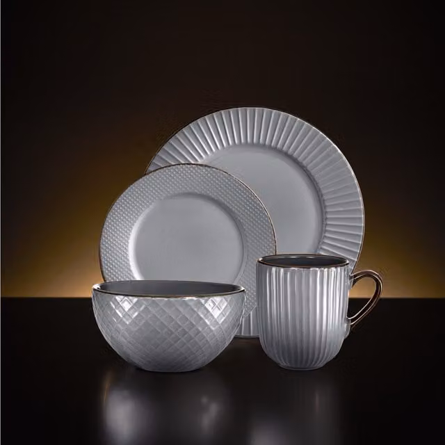 Tower 16 Piece Grey and Gold Stoneware Dinnerware Set