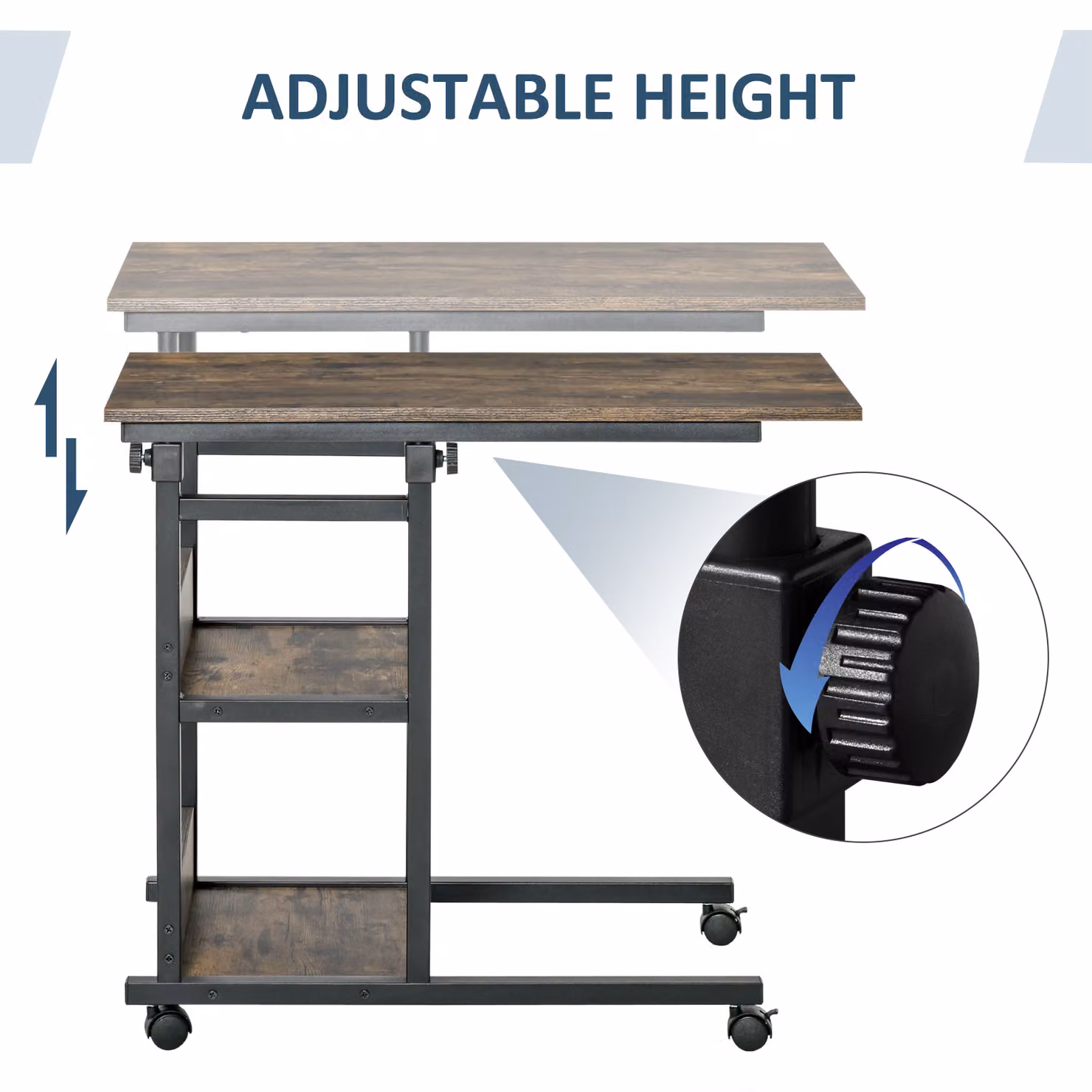 HOMCOM Industrial C-Shaped End Table with 3-Tier Storage, Adjustable Height and Wheels, Brown – 6