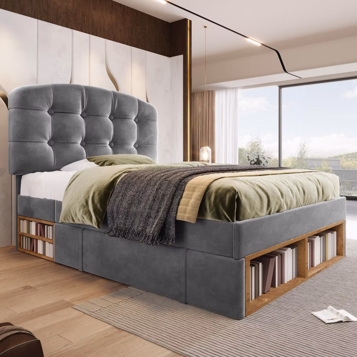 Aosom UK Grey Velvet Upholstered Single Bed Frame with Height-Adjustable Headboard and Built-in Drawers, W: 101 cm, D: 198 cm, H: 120 cm – 8